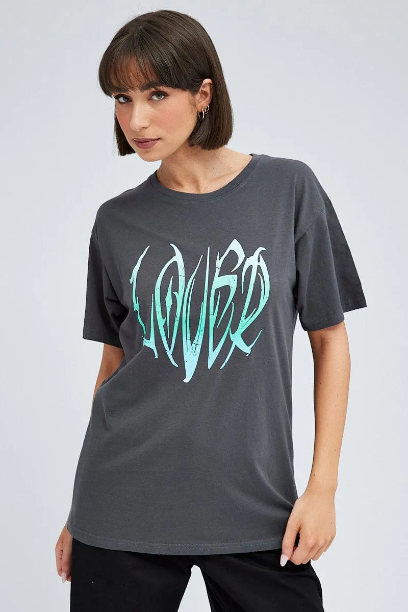 Grey Graphic Tee Short Sleeve Round Neck Holiday Style Trend