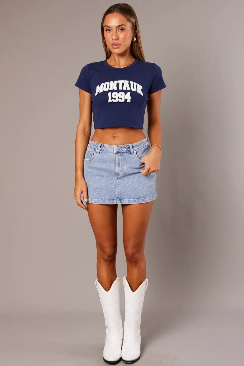 Blue Graphic Tee Crop Short Sleeve Scoop neck