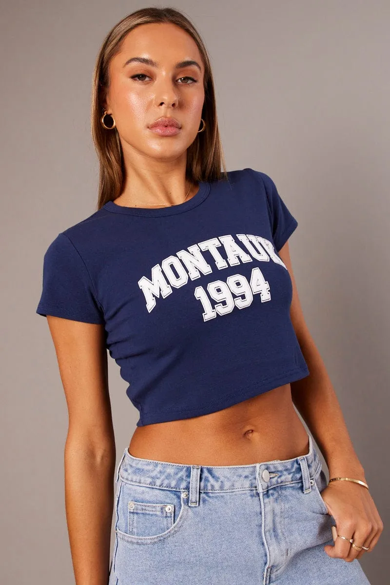 Blue Graphic Tee Crop Short Sleeve Cashmere combination