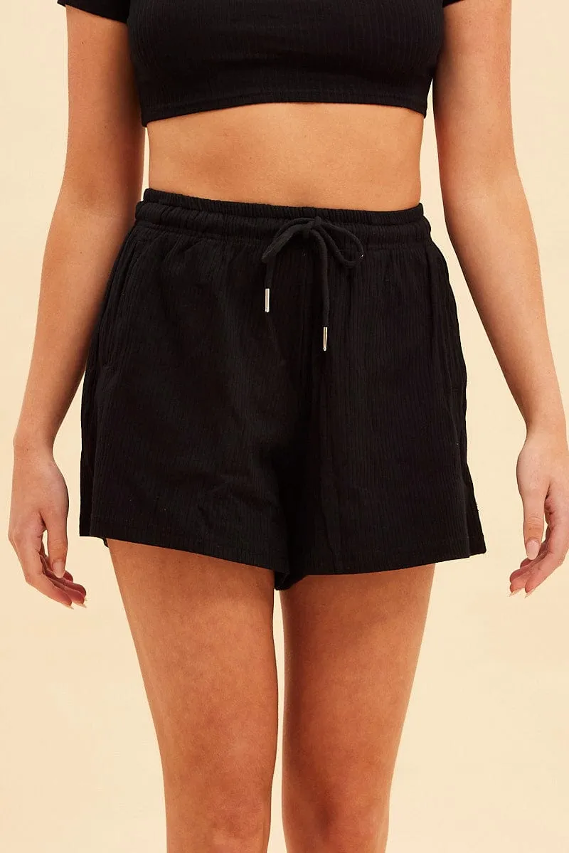 Warm Fit Soft Lining Black Prea Rib Drawstring Short