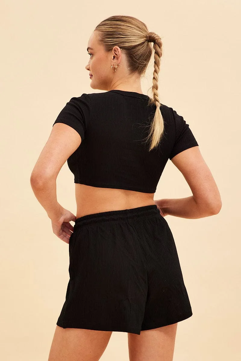 Black Prea Rib Drawstring Short Double Needle Stitching Office Wear