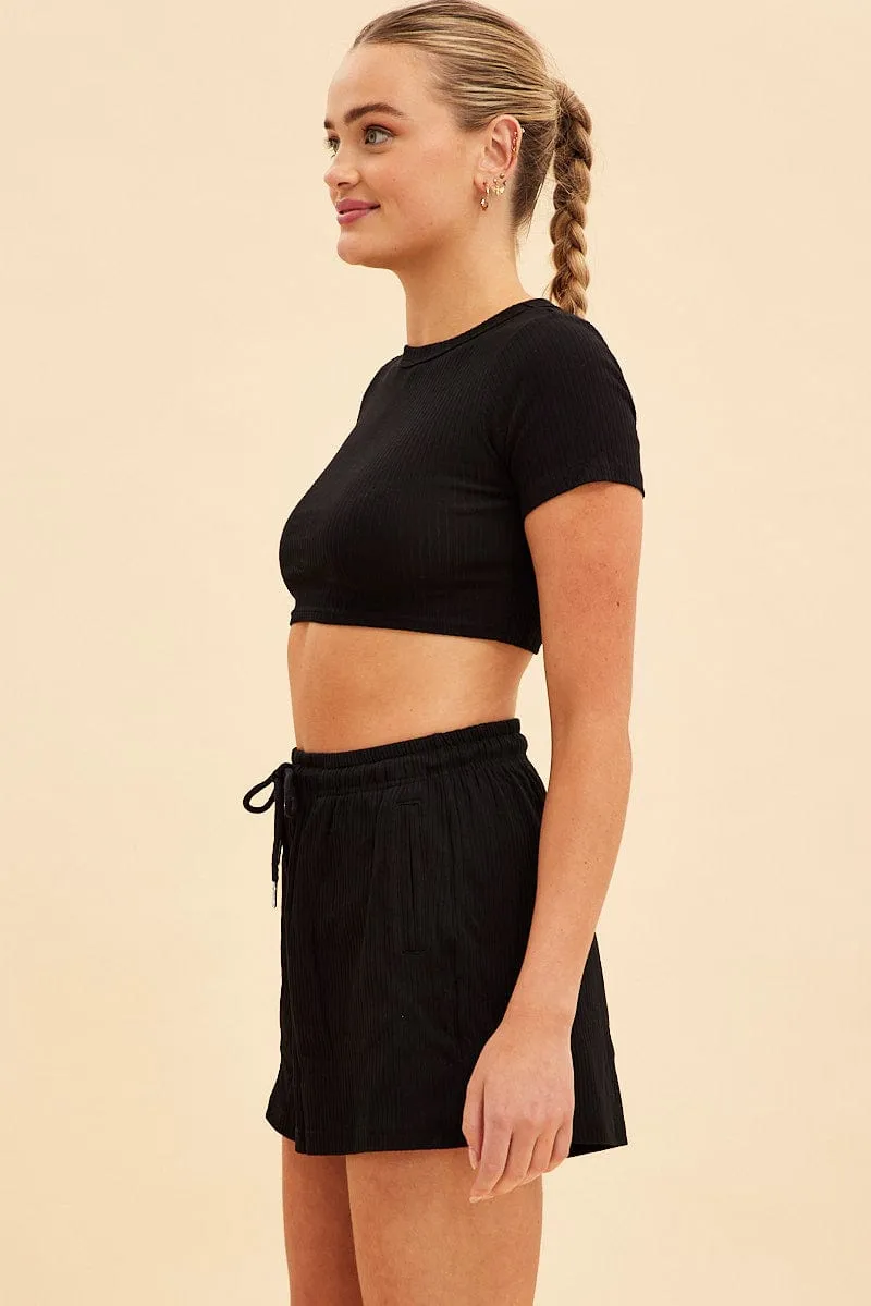 High-End Option Black Prea Rib Drawstring Short