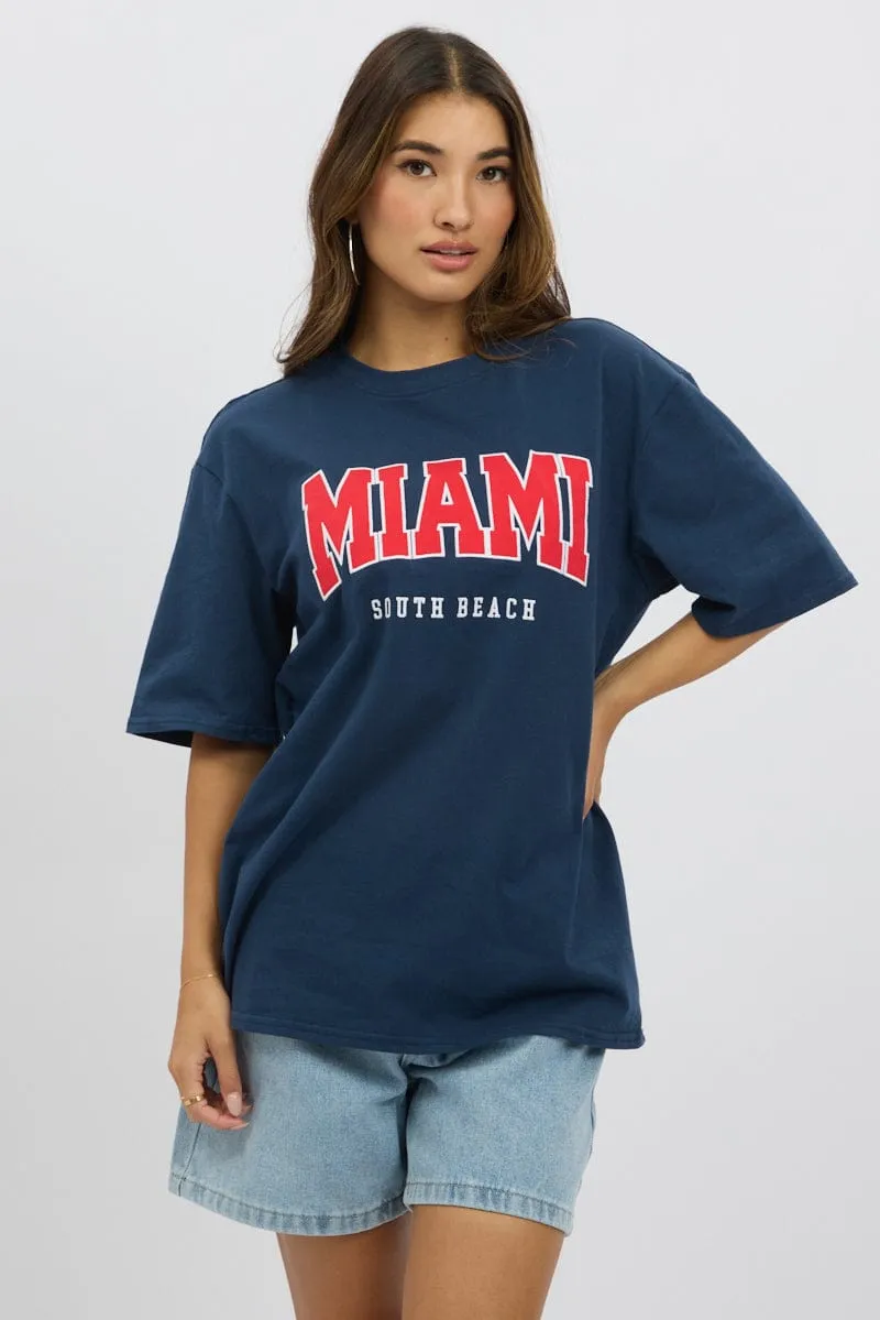 Silk combination Blue Graphic Tee Short Sleeve