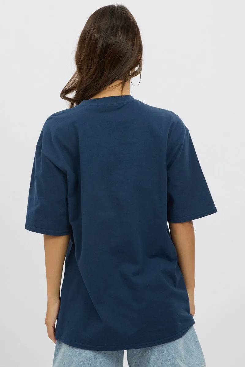 Cozy Look Wear Classic Layering Blue Graphic Tee Short Sleeve