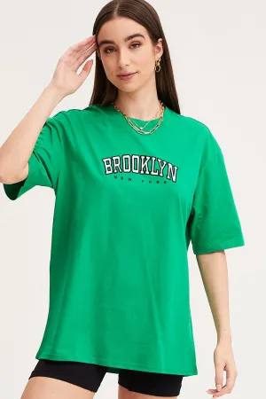 Green Graphic T-Shirt Short Sleeve Embroided spring fashion Casual Layering Wear
