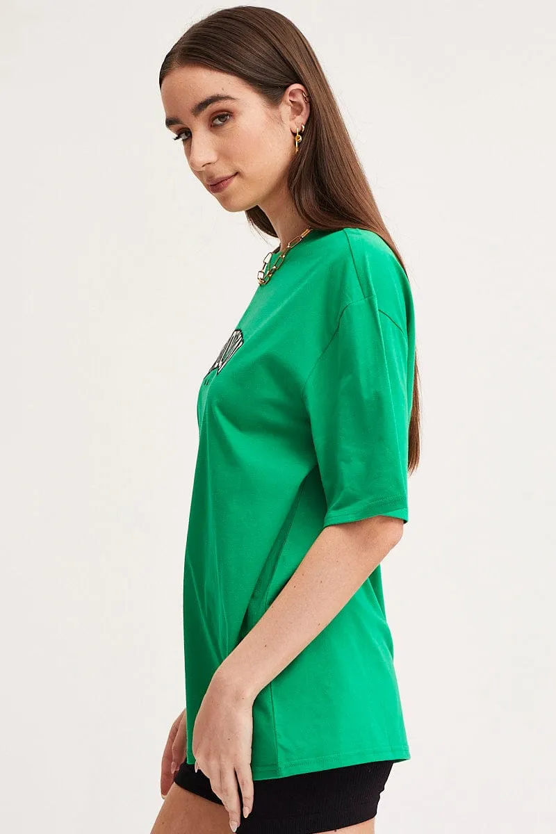 Green Graphic T-Shirt Short Sleeve Embroided Printed design