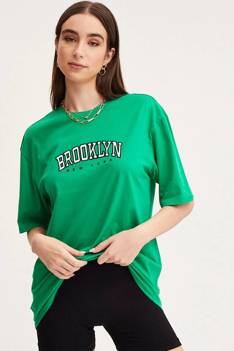 Green Graphic T-Shirt Short Sleeve Embroided Stylish Casual