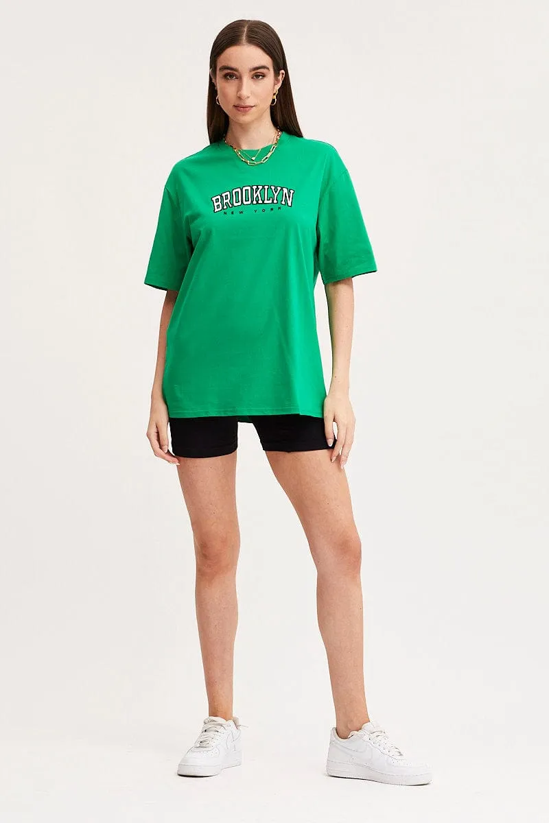 Green Graphic T-Shirt Short Sleeve Embroided AntiStaticFinish Slim fit clothing