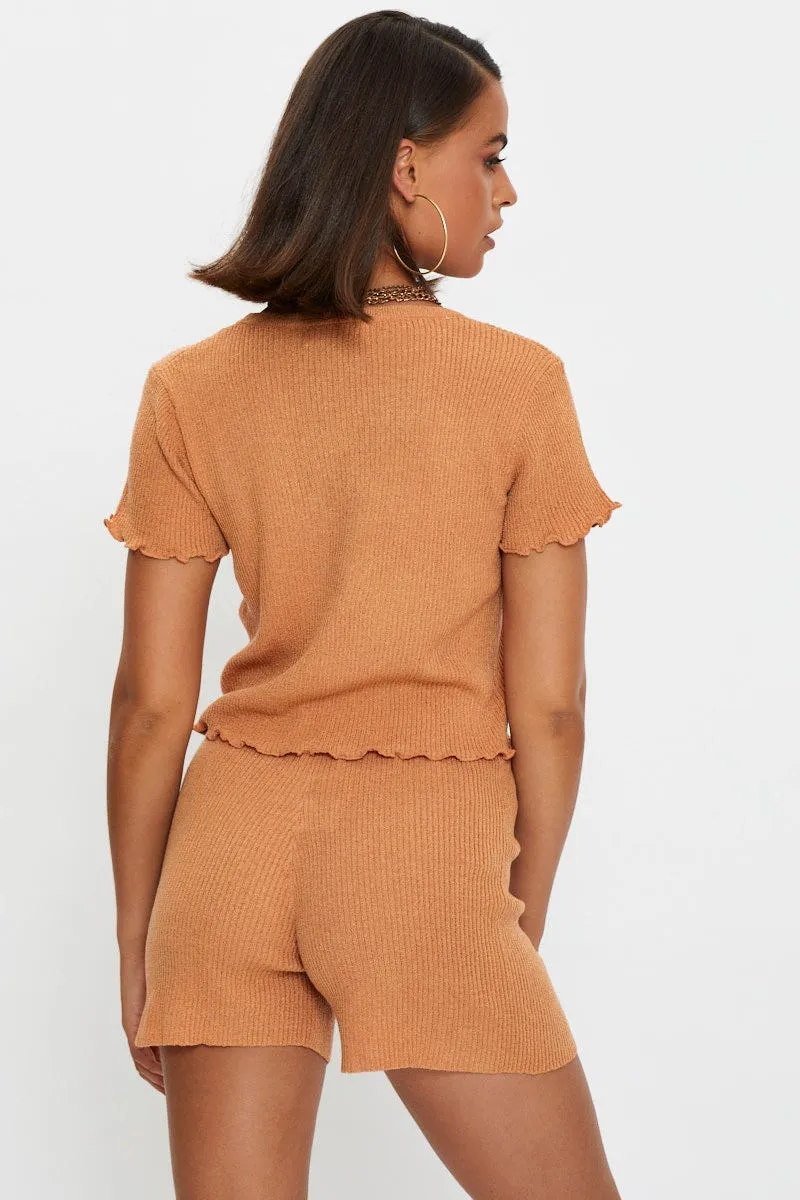 Brown Knit Shorts Adaptive Tension Control Sports Comfort