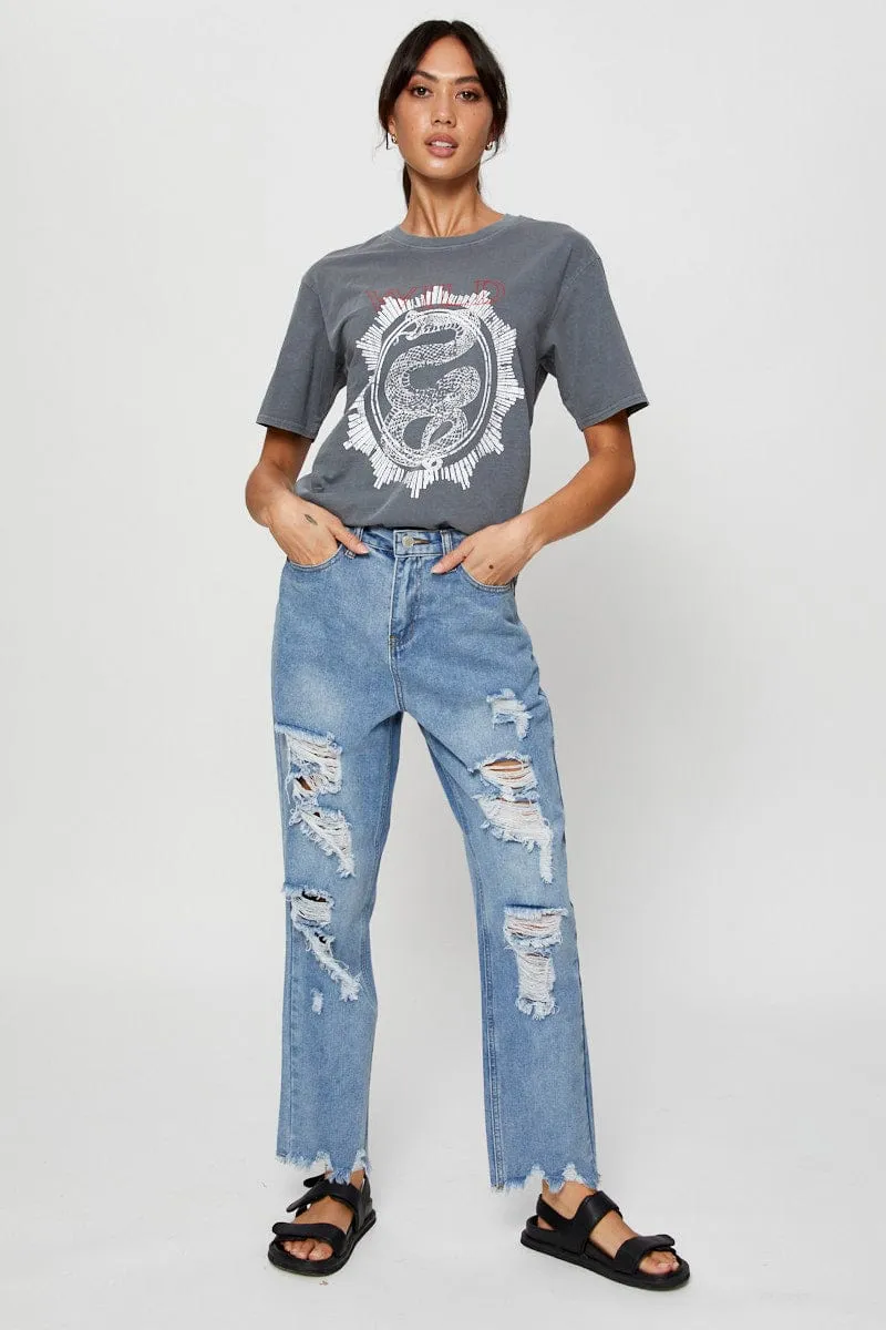 Grey Graphic T Shirt Short Sleeve Wrinkle Resistant Material