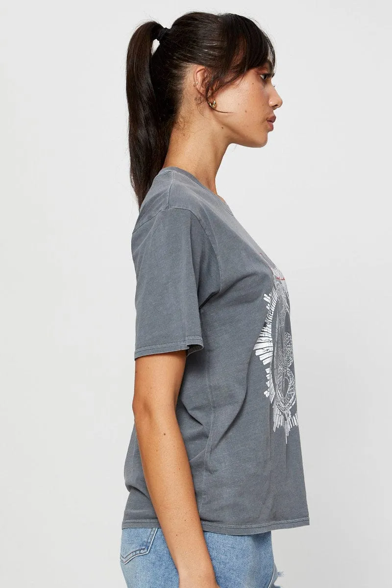 Grey Graphic T Shirt Short Sleeve Durable Stitching Playful Design