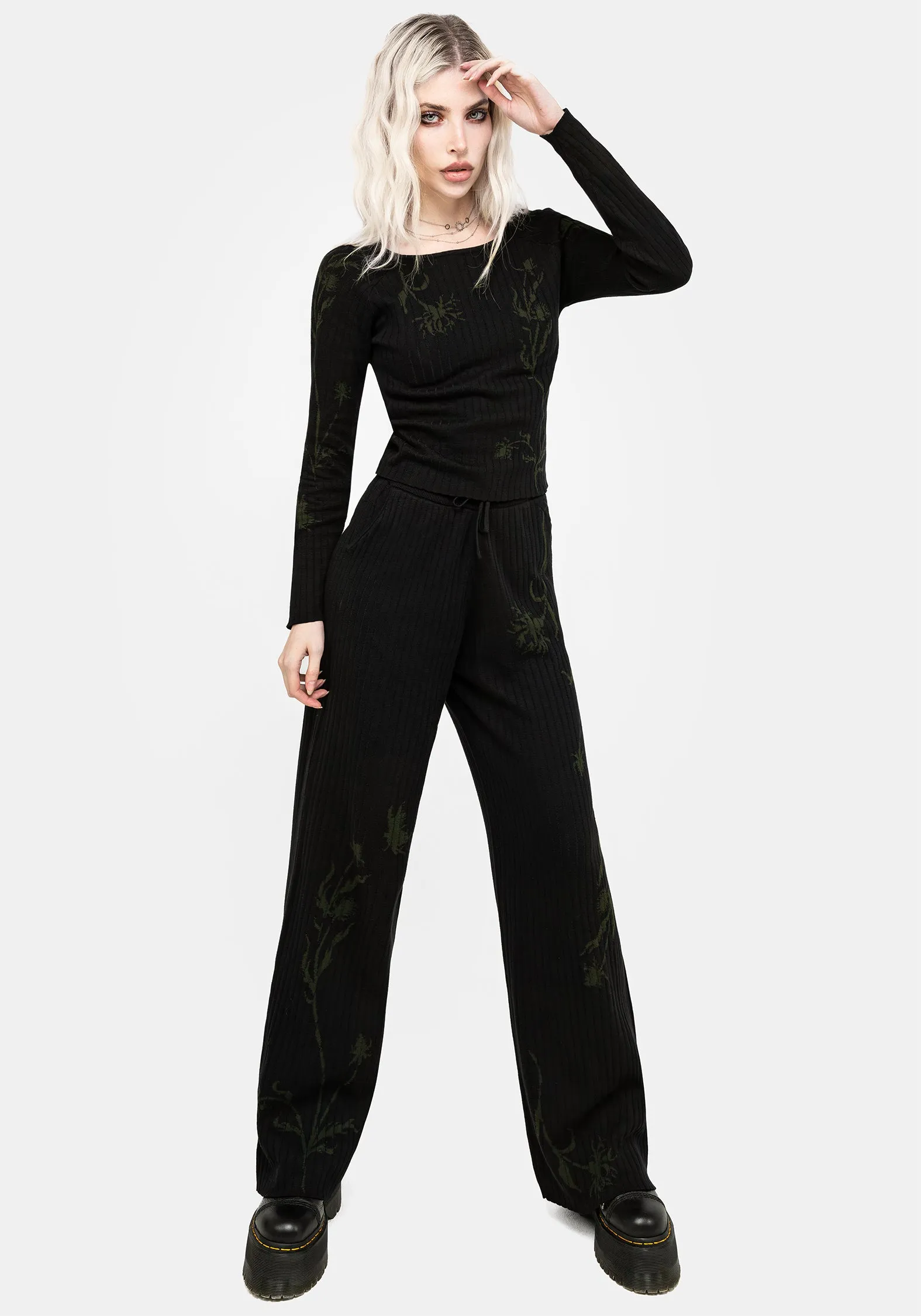 Comfortable Waistband Diastella Floral Jacquard Rib Knit Trousers