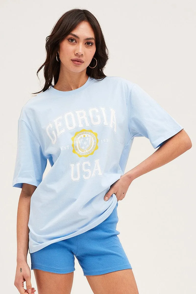 Blue Short Sleeve Graphic Tee Ribbed Collar Trim Adjustable Hem
