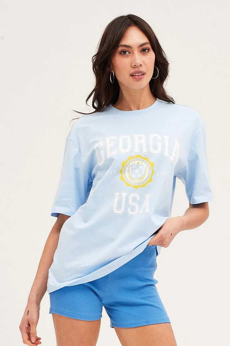 All-Season Wear Everyday Style Trend Blue Short Sleeve Graphic Tee