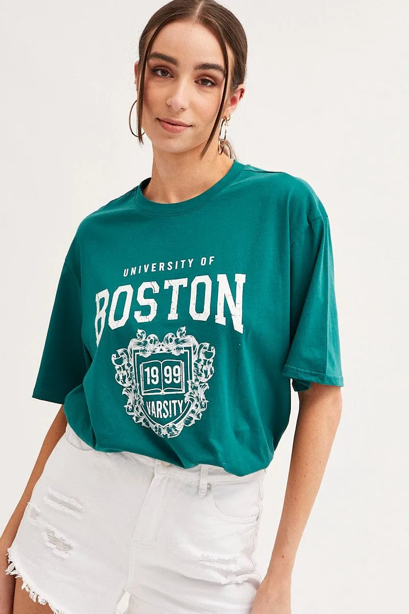 Complementary Colors Green T Shirt Short Sleeve Crew Neck Boston Cotton
