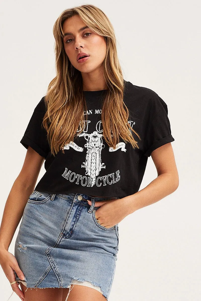 Modern Wear Outdoor Trend Look Black Graphic T Shirt Short Sleeve