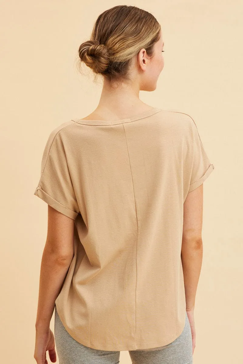 Beige Pocket Tee Scoop Neck Cotton Stretch Short Sleeve Daywear Style
