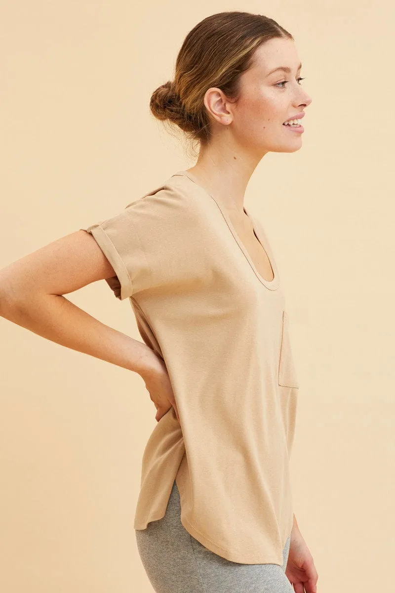 Beige Pocket Tee Scoop Neck Cotton Stretch Short Sleeve Soft Socks