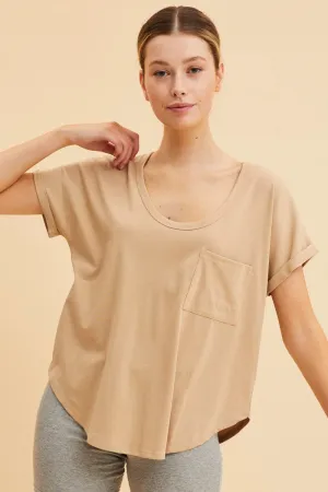 Beige Pocket Tee Scoop Neck Cotton Stretch Short Sleeve Spring Glow