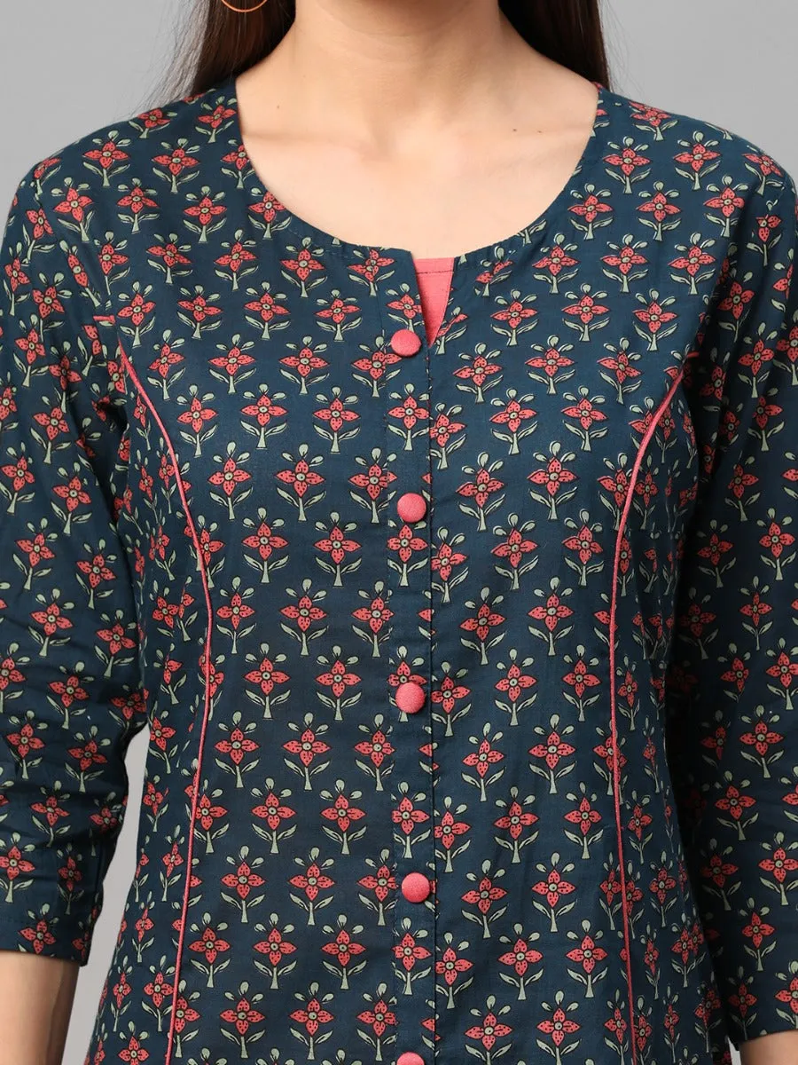 Blue Floral Printed Dress Versatile Design Stream Fit