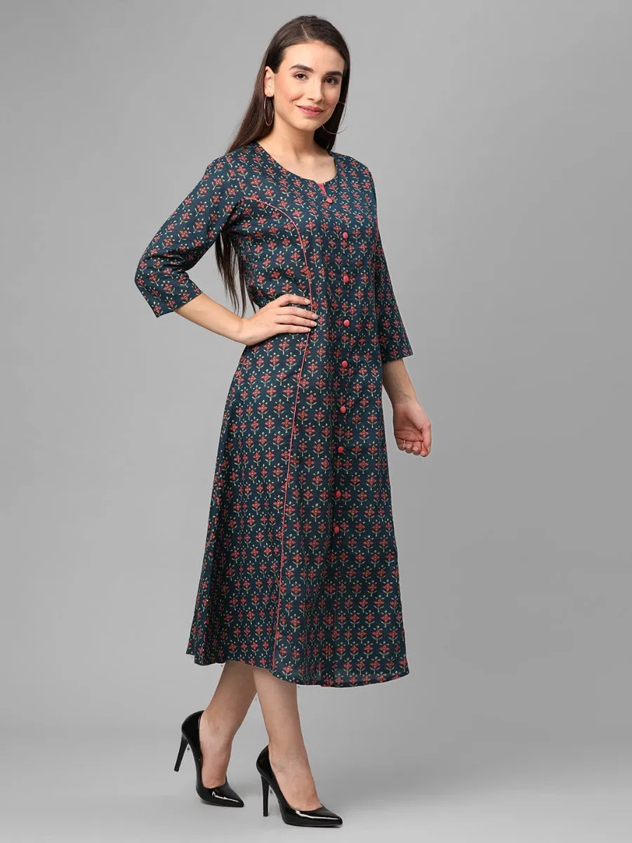 Blue Floral Printed Dress WindproofInterior