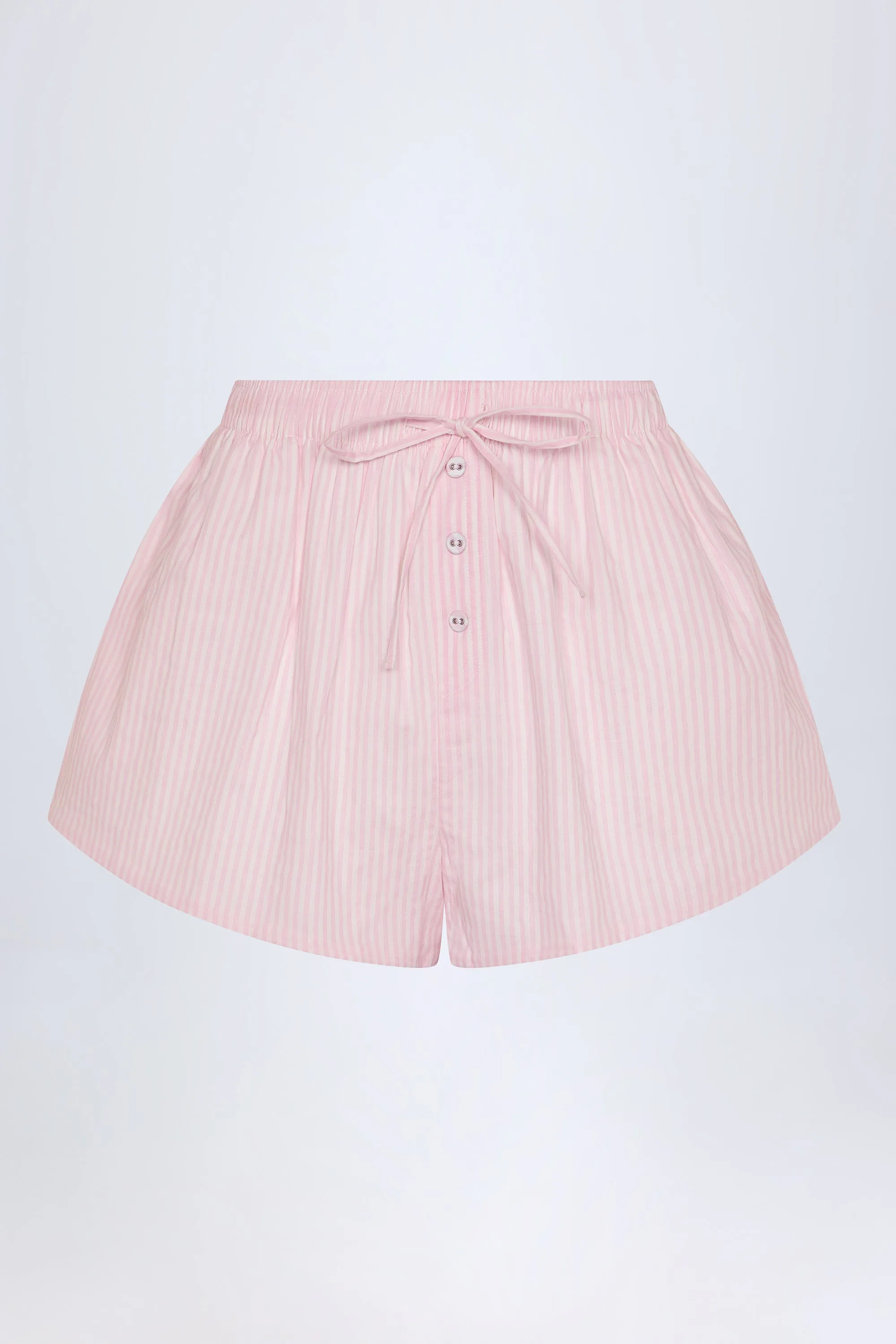 Tie-Front Cotton-Poplin Shorts in Pink White Stripe Anti Sag Technology