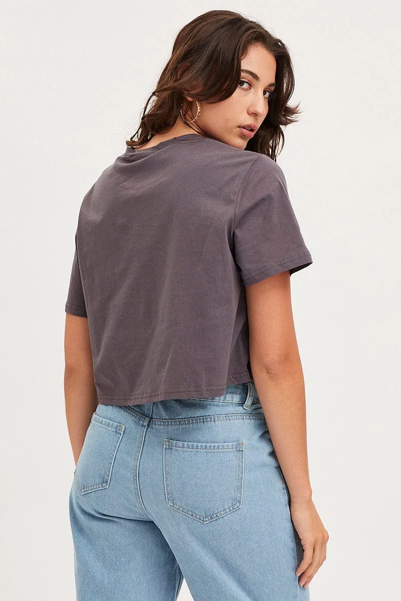 Grey Graphic T Shirt Short Sleeve Crop Street Wear