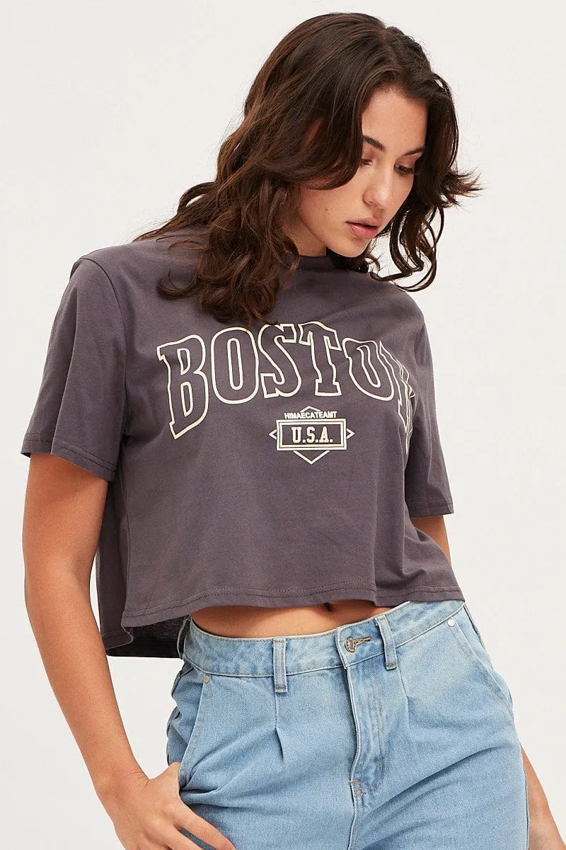 Grey Graphic T Shirt Short Sleeve Crop Rush Mode Utility Mode