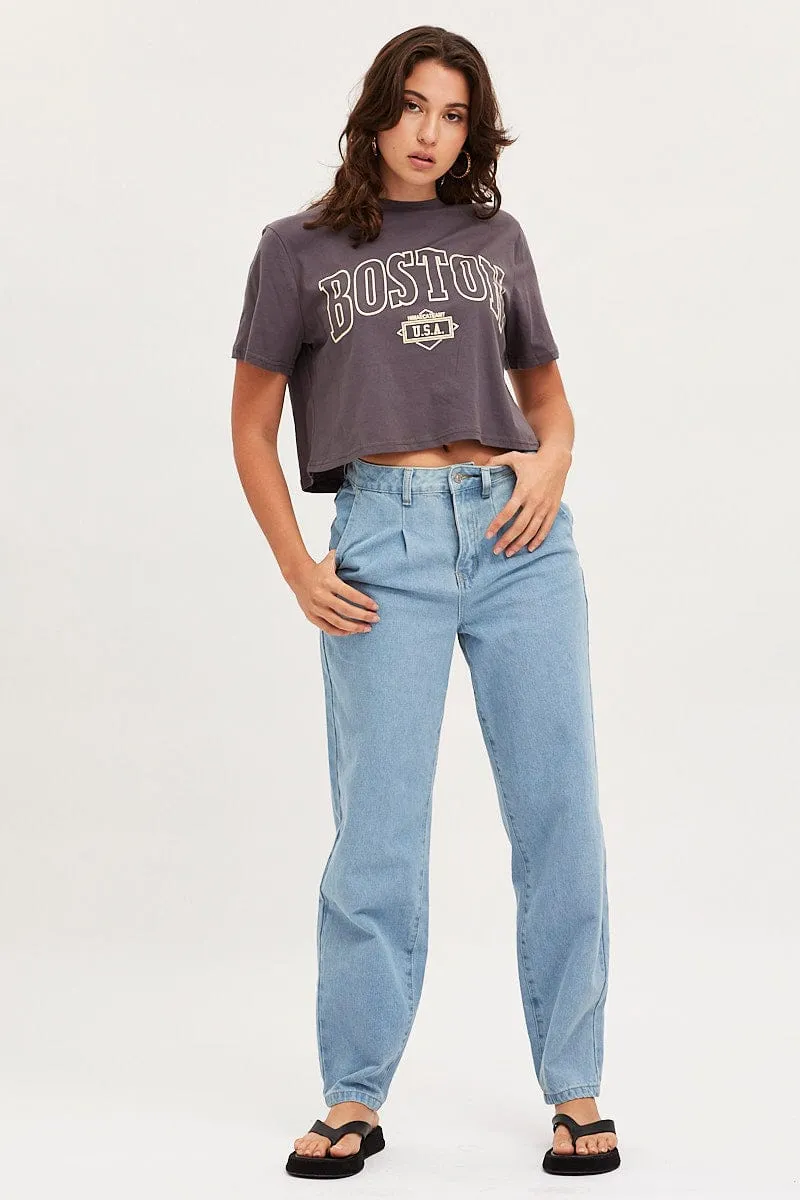 TearResistant Fabric Grey Graphic T Shirt Short Sleeve Crop