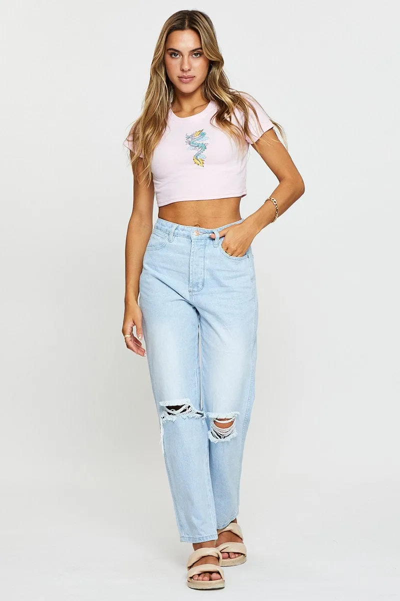 Minimal Comfort Wear Pink Graphic Top Short Sleeve Ribbed