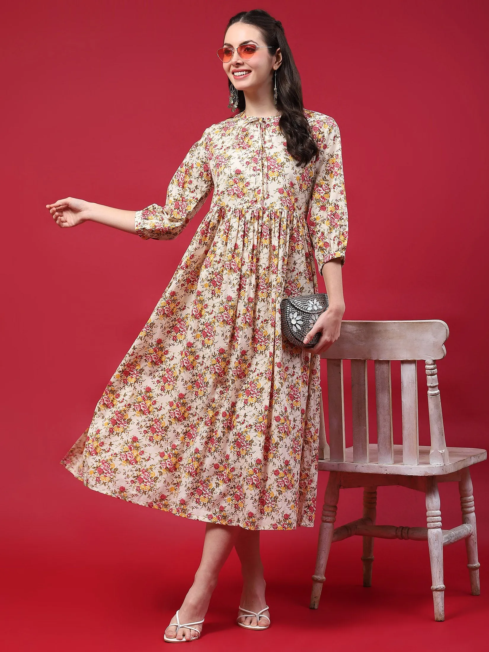Women Beige Floral Printed Dress Stretch Fabric