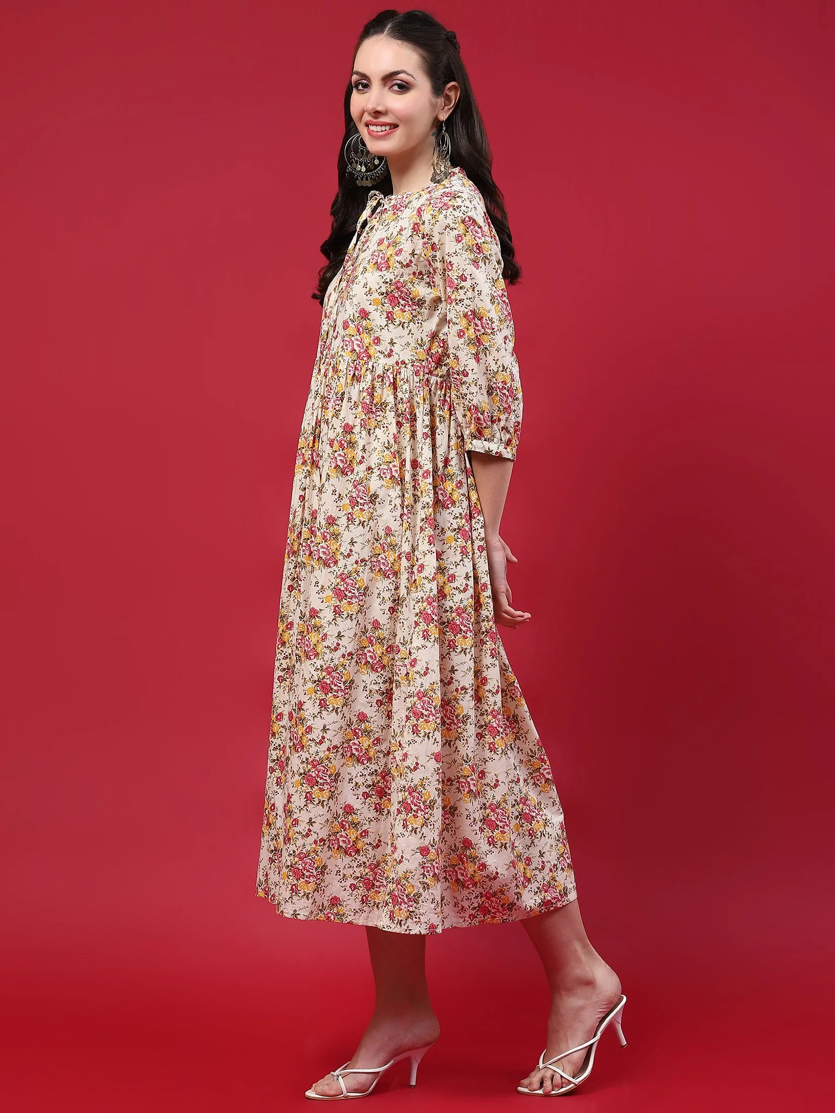 Stretch Fit Warm Socks Women Beige Floral Printed Dress