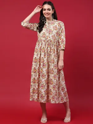 Women Beige Floral Printed Dress AbrasionResistantThread