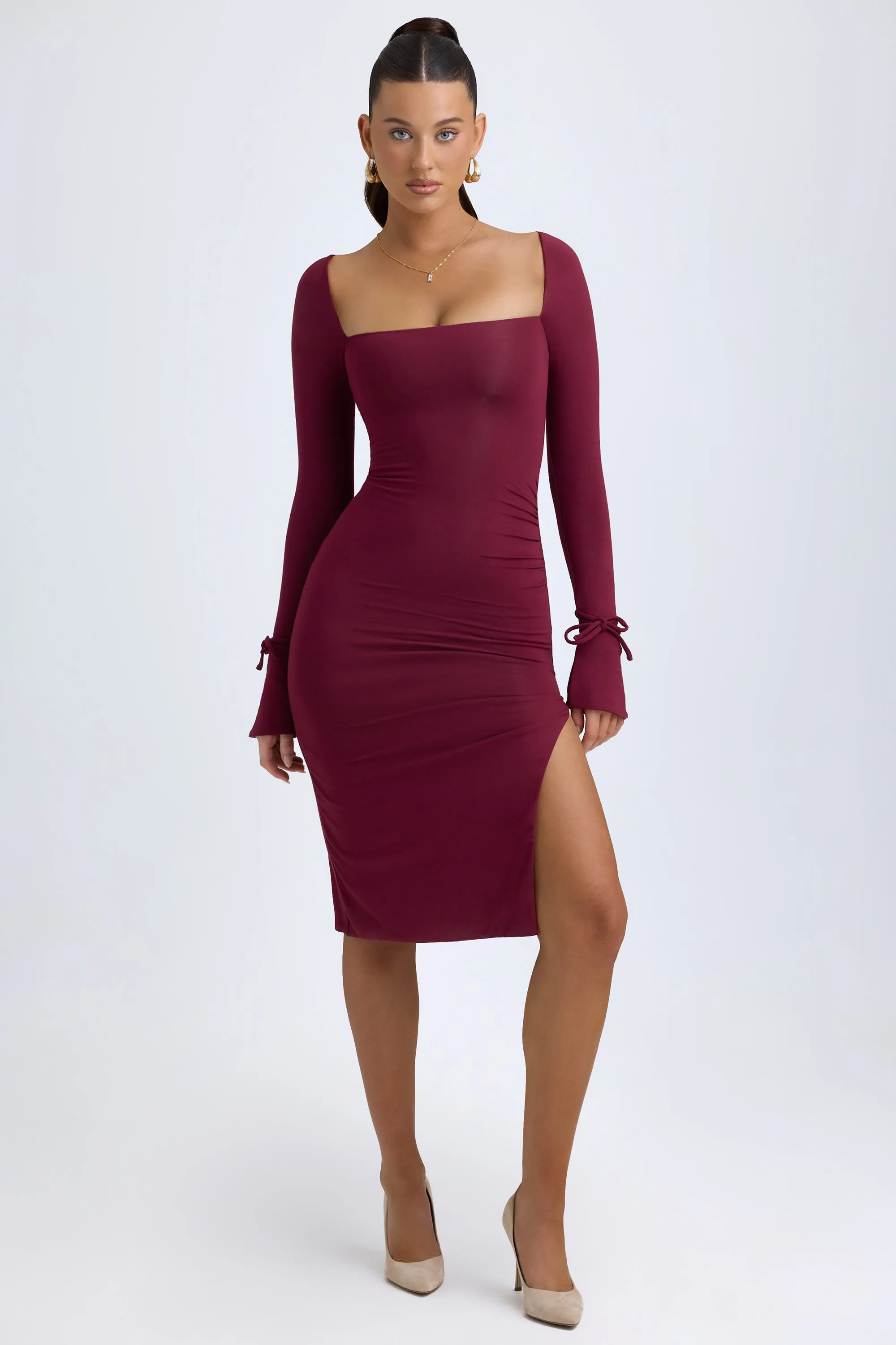 Comfortable daytime dress Light and breathable daywear Modal Square-Neck Midi Dress in Wine Red