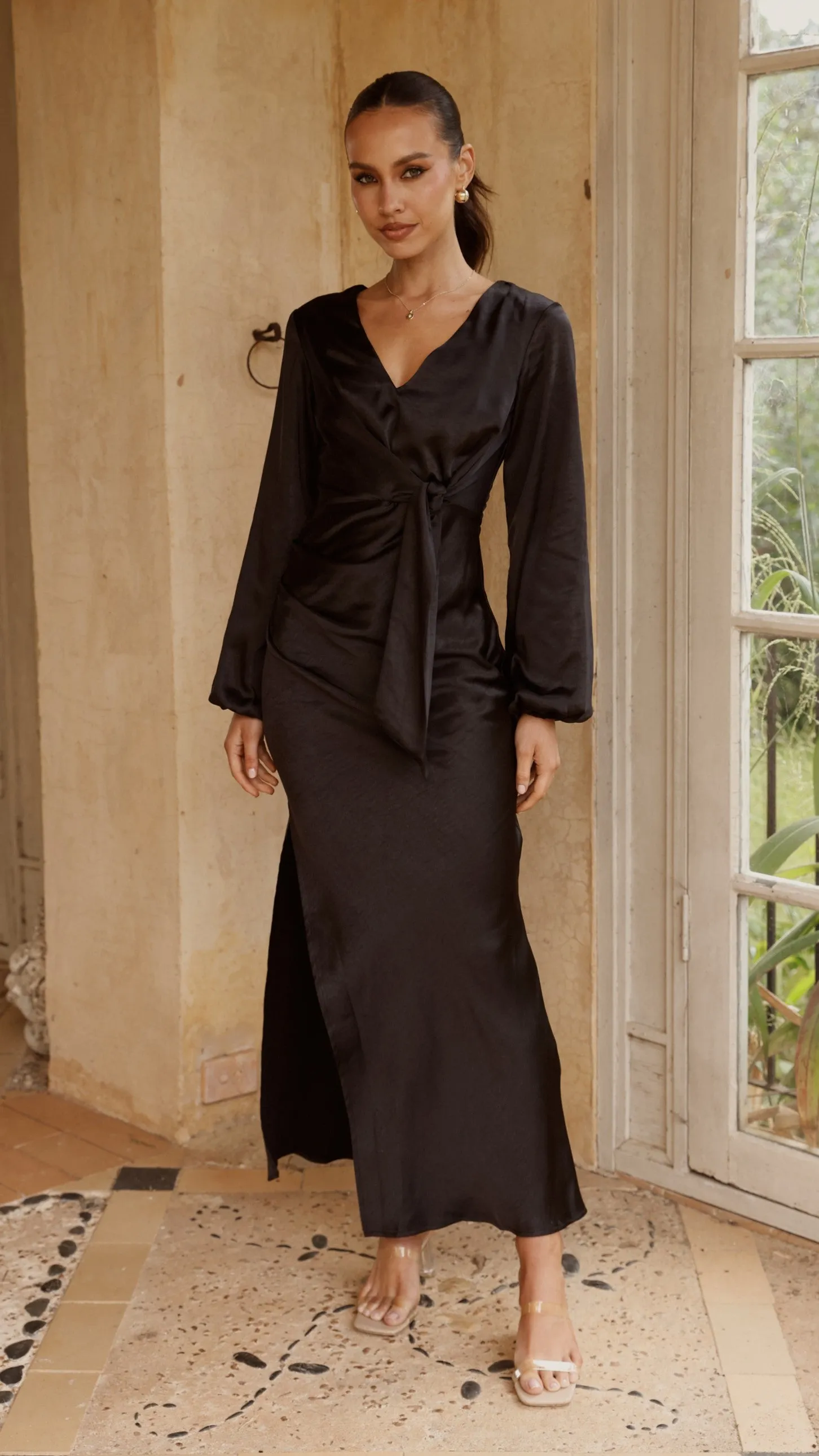 Ivy Long Sleeve Tie Front Maxi Dress - Black Net Glow