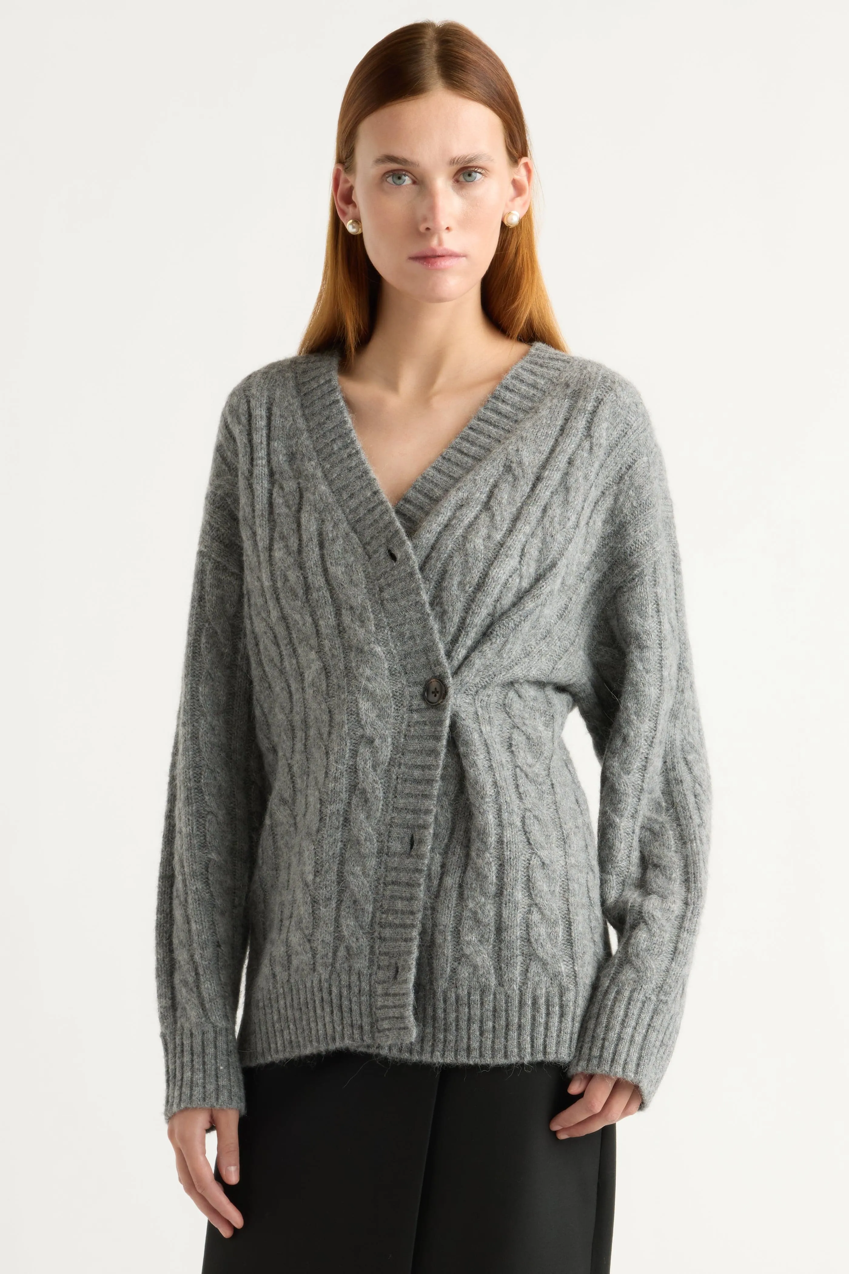 Hikari Asymmetric Cable Knit Cardigan All-Weather Comfort Cold Season Wear