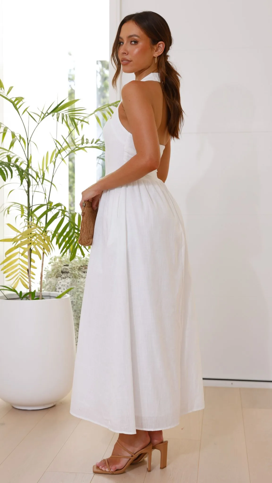 Caden Maxi Dress - White Front Button Metallic Pop