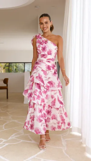 Sapphire Shine Shimmer Light Odilie One Shoulder Maxi Dress - Pink Floral