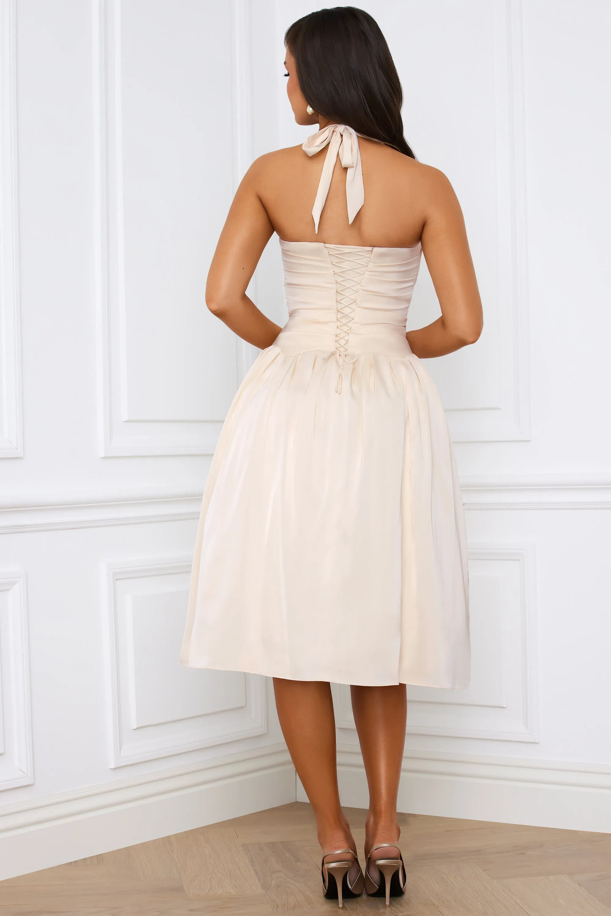Halterneck Lace-Up Ruched Corset Midi Dress in Ivory Feminine Appeal Grass Smell