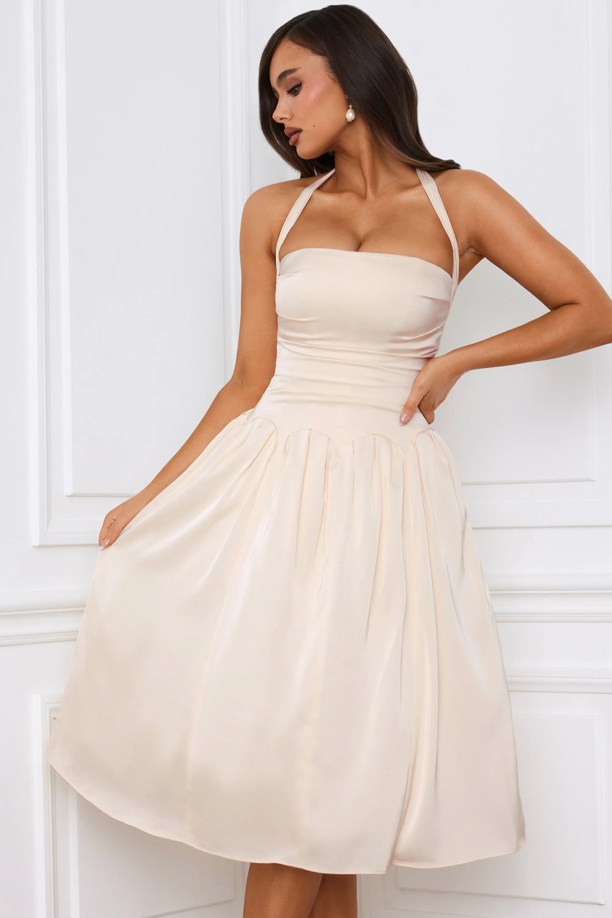 Fun floral midi gown Seasonal Wear Halterneck Lace-Up Ruched Corset Midi Dress in Ivory