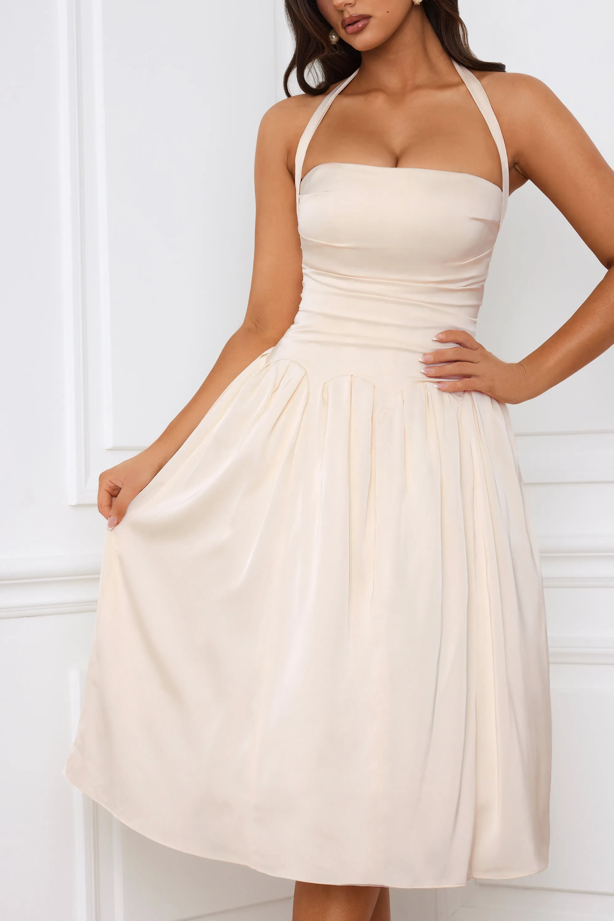 Halterneck Lace-Up Ruched Corset Midi Dress in Ivory Beautiful floral midi Polished Ease