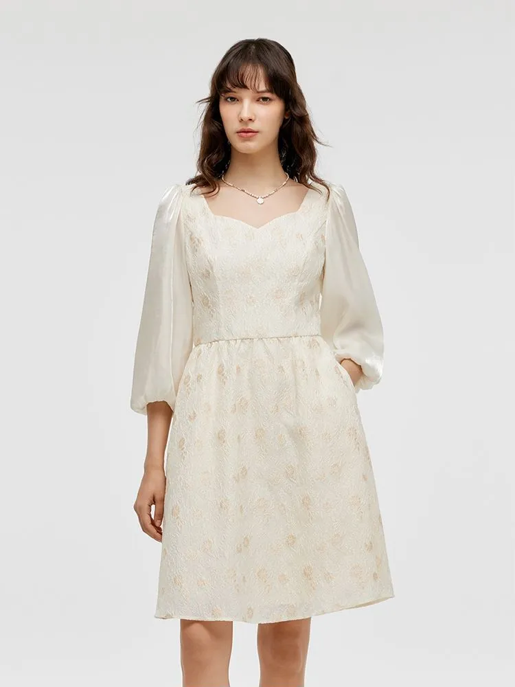 Lantern Sleeve Patchwork Jacquard Women Mini Dress Sheer Panel Insertion