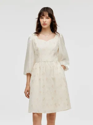 Lantern Sleeve Patchwork Jacquard Women Mini Dress Sheer Panel Insertion