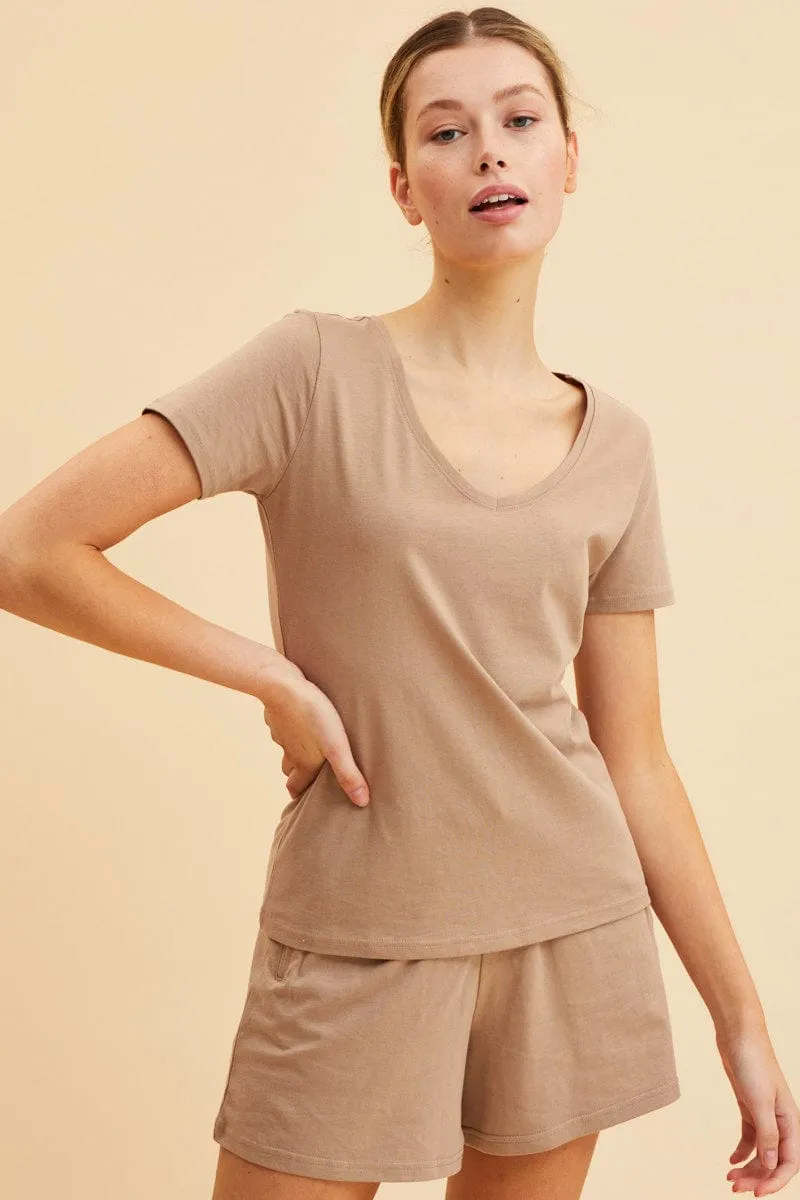 Beige V Neck T-Shirt Cotton Regular Fit Cotton Lightweight Construction Lightweight sweater