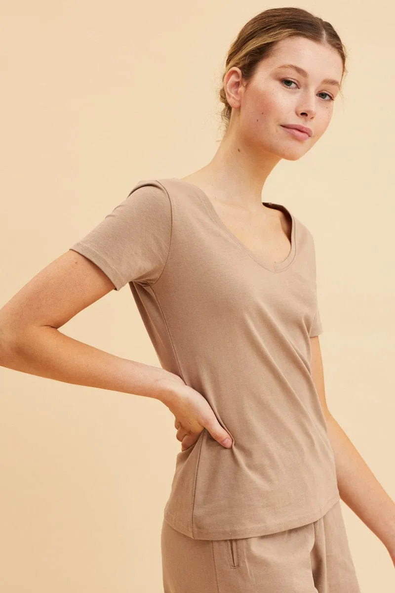 Linen Soul Glitter Glow Beige V Neck T-Shirt Cotton Regular Fit Cotton