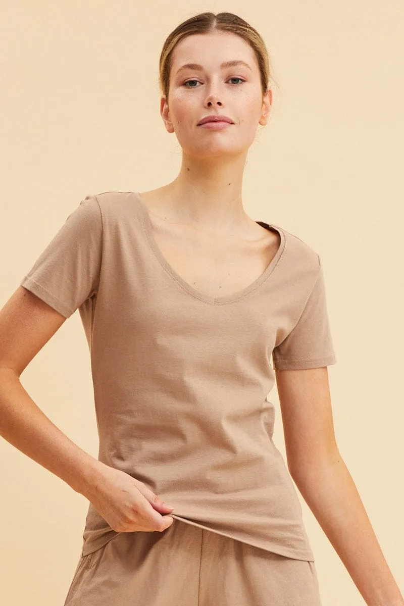 Beige V Neck T-Shirt Cotton Regular Fit Cotton Timeless Look