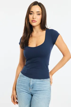Blue T-shirt Cap Sleeve Sweetheart Neck Fashion Design Warm Fashion