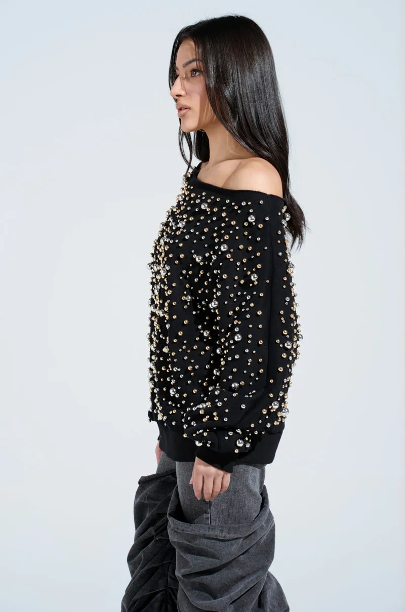 fringe accents IN THE AIR OFF THE SHOULDER SWEATSHIRT