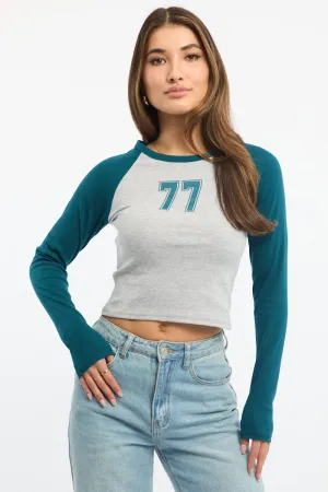Blue Graphic Tee Long Sleeve Daily Comfort Style loose fitting