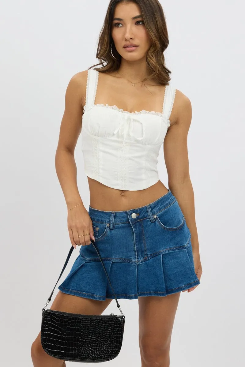 ribbed texture Denim Pleated Skort Mid Rise Mini Stretch Lined